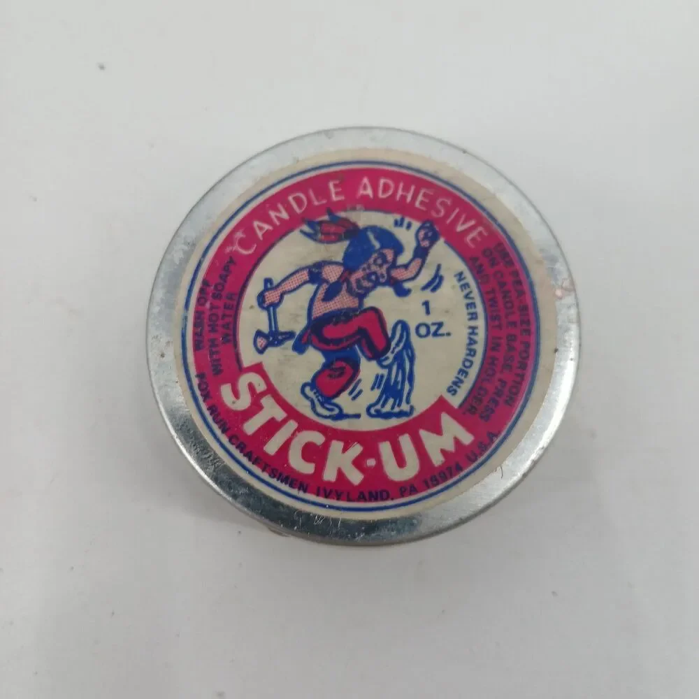 Vintage Stick-Um Round Metal Graphic tin candle adhesive Novelty Collectible